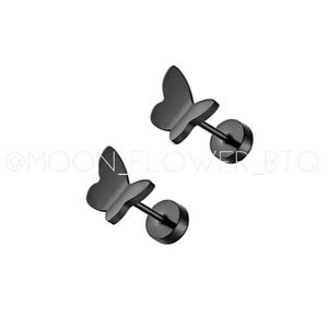 Black Stainless Steel Butterfly Flat Back Earrings • Hypoallergenic Studs